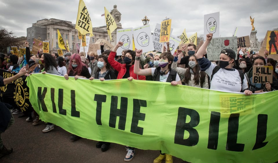 Protesters holding a Kill the Bill banner at a march in London